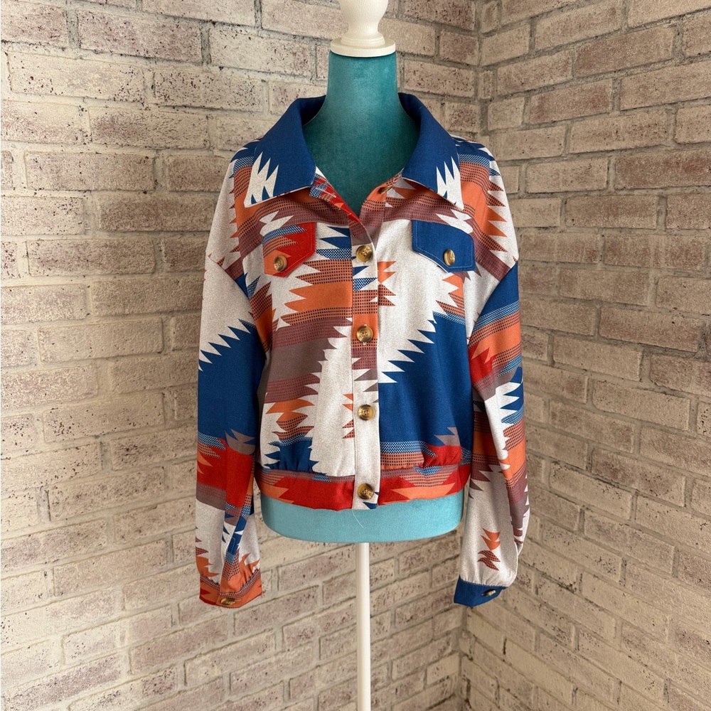 SHEIN Aztec Print Button-Front Jacket in Blue, Rust & Cream
